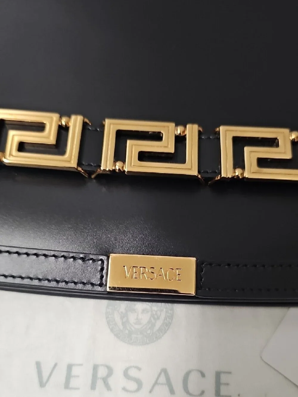 Versace Black Leather Clutch with Gold Greek Key Accent